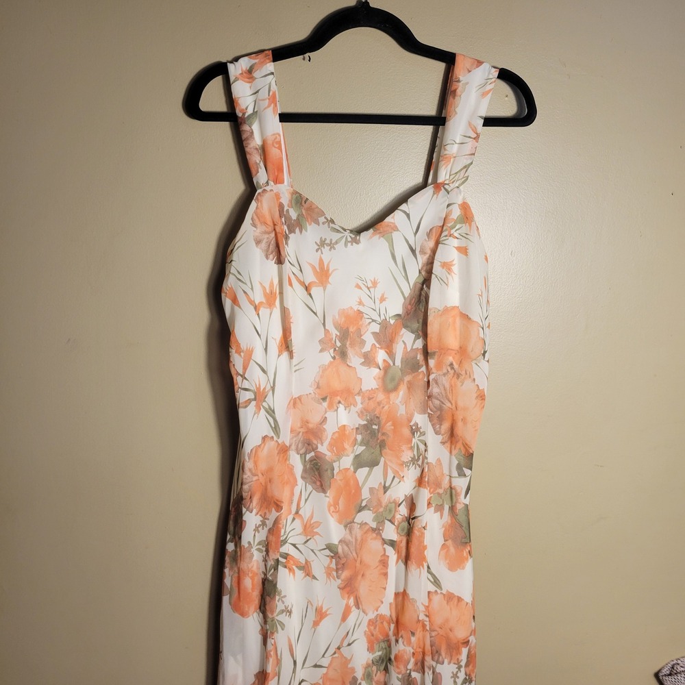 Dressbarn Orange Floral Sweetheart Midi Dress Womens 14 White Sleeveless Chiffon - Picture 3 of 12